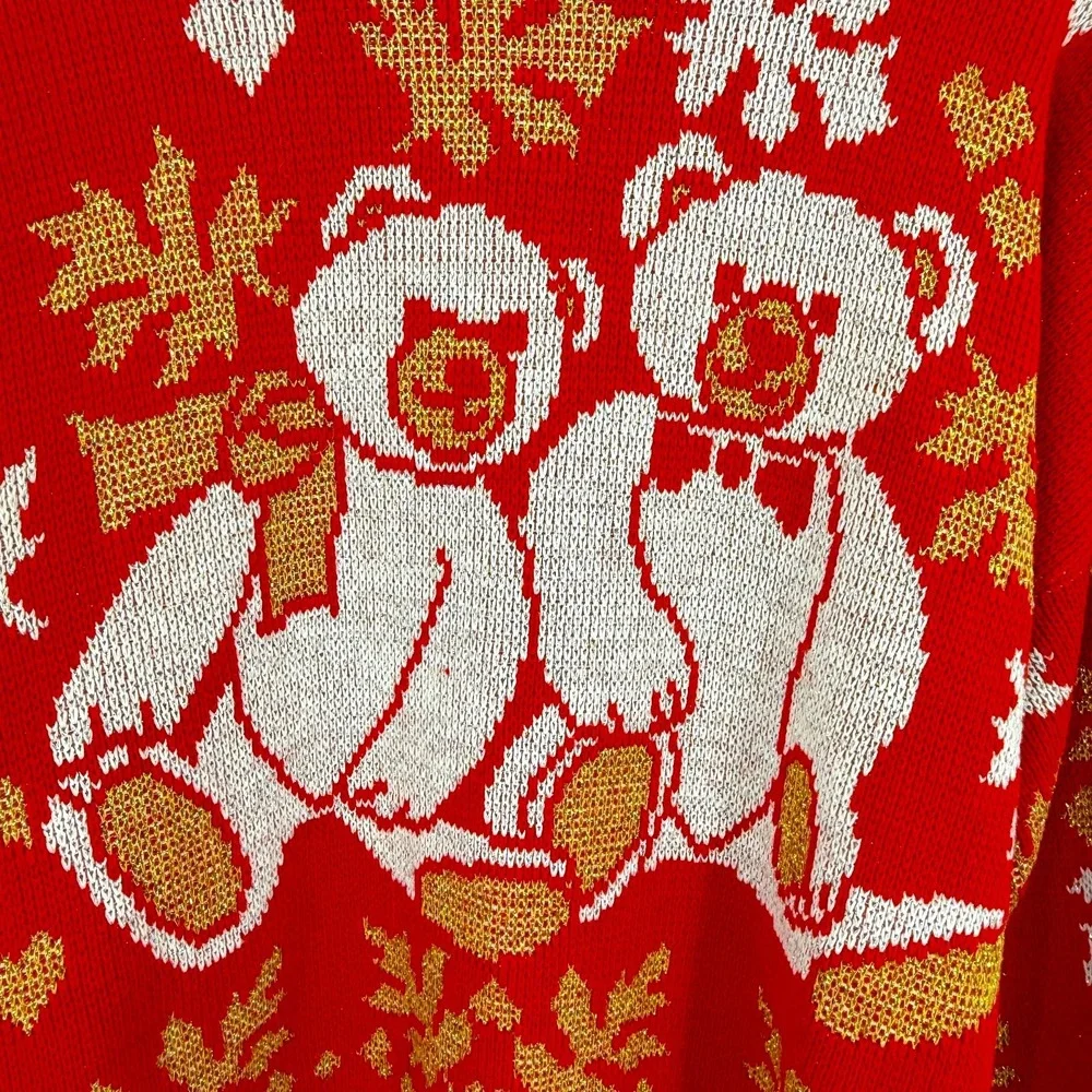 Holiday Time Christmas Sweater Womens L‎ Red Metallic Gold Bears Novelty Vintage